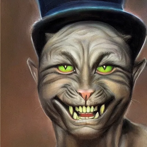 Image similar to an ultra - realistic portrait painting of the cat in the hat in the style of frank frazetta. 4 k. ultra - realistic. highly detailed. dark fantasy. epic lighting.