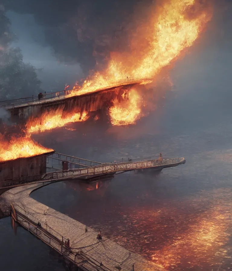 Prompt: a beautiful hyperrealistic detailed 3D render of a burning bridge, by Anton Otto Fischer, Atey Ghailan, genzoman, unreal engine, octane render, gigantic, 3D, brilliantly coloured, intricate, ultra wide angle, trending on artstation, embers, smoke, dust, dusk, volumetric lighting, HDR, polished, micro details, ray tracing, 8k