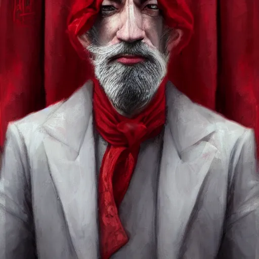 Image similar to portrait of a puppet master, grey hair and a tuxedo, harsh good looking face, middle aged, surrounded by red curtains, drawn by Ruan Jia, disco elysium style, highly detailed