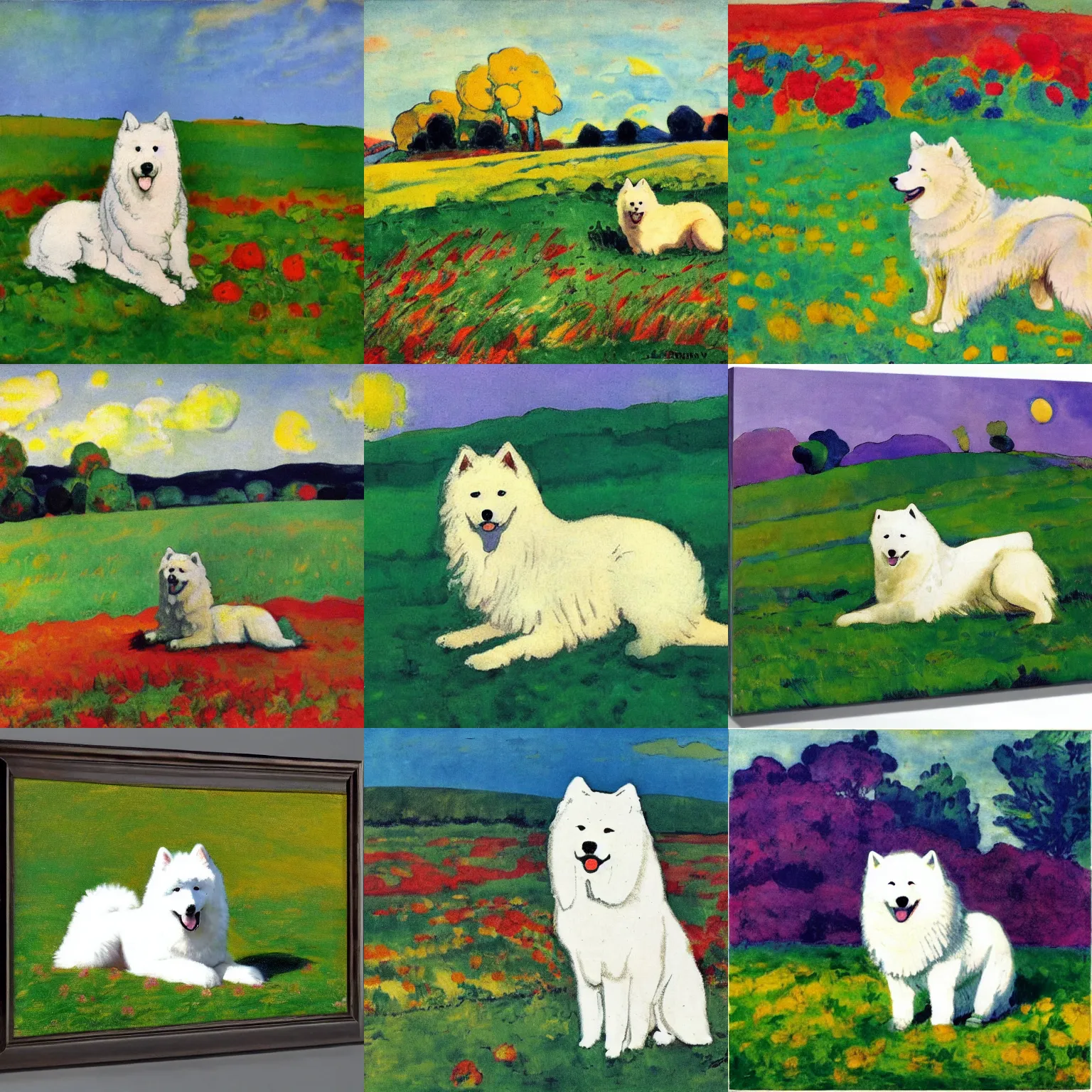 Prompt: a samoyed dog sitting in the middle of sunny meadow, by emil nolde