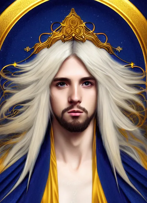 Image similar to card art portrait of a young man wizard with long white hair wearing blue and golden robes, long white hair, blue and golden robes, detailed robes, intrincated design, makoto shinkai, very detailed, matte, tonemapping, bbwchan, perfection, 4 k, william - adolphe bouguereau