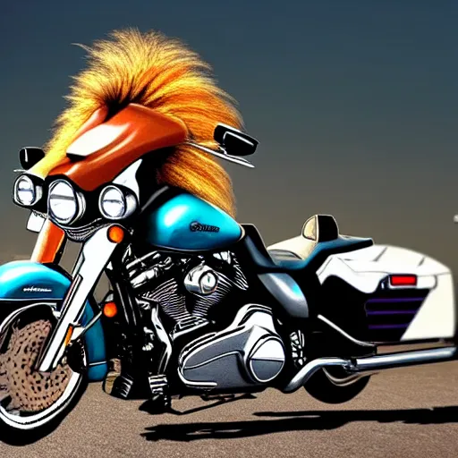 Image similar to a cool lion on a Harley Davidson on the road, cinematic