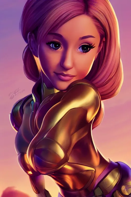 Prompt: Ariana Grande as Samus Aran, golden hour, by greg Rutkowksi, by artgerm