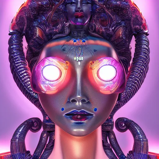 Image similar to Portrait of the most beautiful goddess, she has a jellyfish phoenix head's, by Tooth Wu, trending on Artstation, digital art, symmetrical artwork, cinematic, hyper realism, high detail, octane render, 4k, 8k