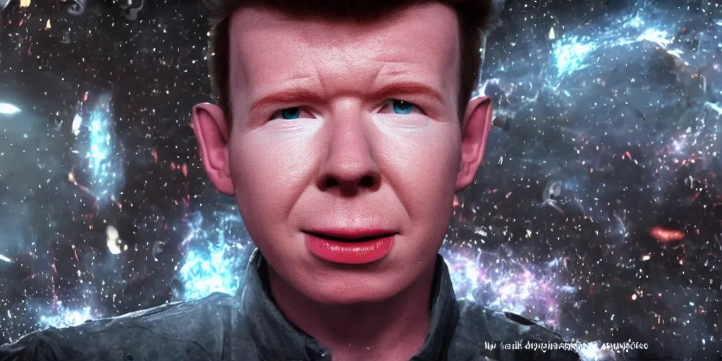 Prompt: , cgi film render 100K detailed of young Rick Astley on a another planet playing with super powers on a superhero apocalypse , made by Waya Steurbaut YT, photo realistic, cinematic, epic, dark, colourful, full body camera shot