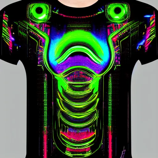 Prompt: photo of a black tshirt with a hyperdetailed portrait of a futuristic trippy cyberpunk dancing robot, 8 k, symetrical, flourescent colors, multicolored tshirt art,