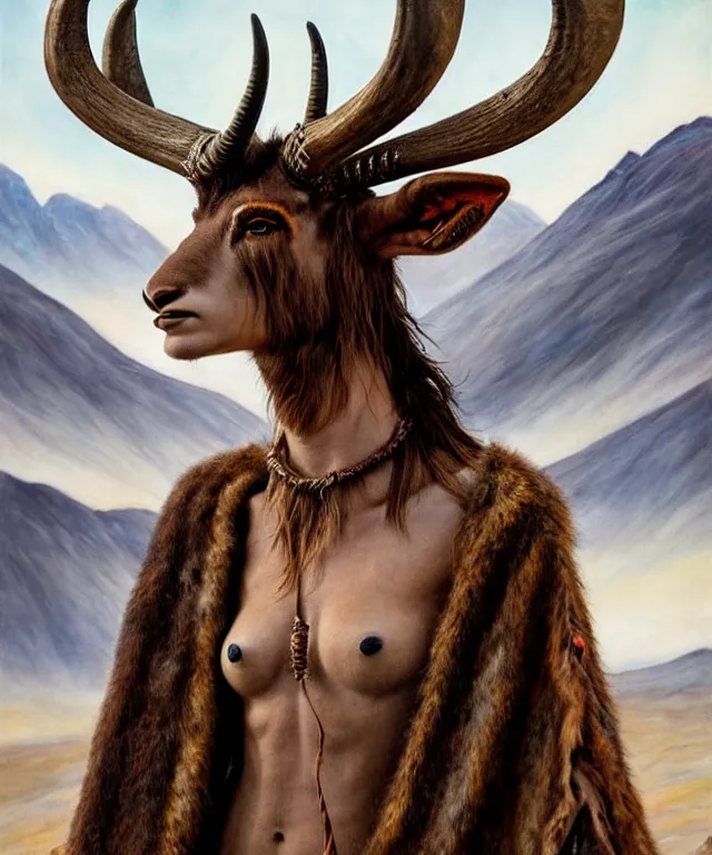 Prompt: a detailed horned antelopewoman stands among the mountains. wearing a ripped mantle, robe. perfect faces, extremely high details, realistic, fantasy art, solo, masterpiece, art by daniel e. greene, johannen voss, zoey frank, greg broadmore