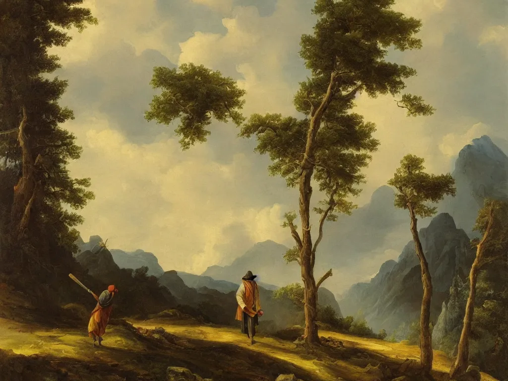 Image similar to a man in a grey cloak and brimmed hat with a staff travelling trough the mountains with trees in the style of neo-romanticism, very detailed, colorful, oil painting, clouds