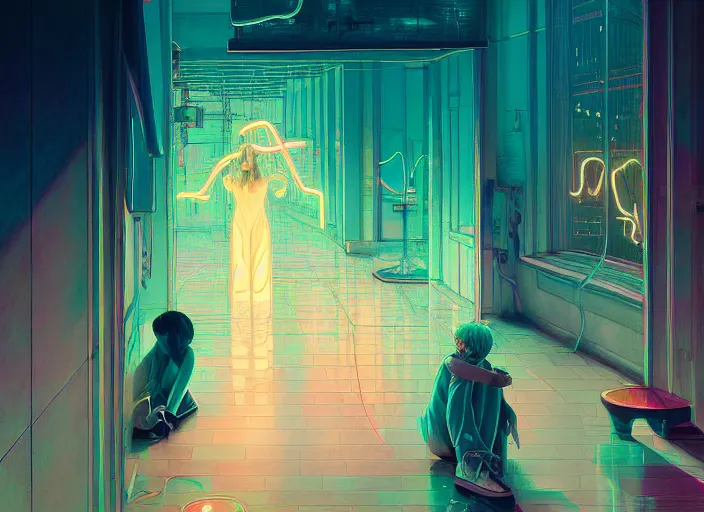 Prompt: harmony of, mute, neon lights, blind fold, neon absinthe tears ( portrait of bts jimin blood sweat & tears ) by wlop, james jean, victo ngai, beautifully lit, muted colors, highly detailed, fantasy art by craig mullins, thomas kinkade