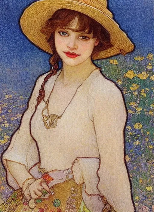 Image similar to leslie burke with straw hat, mucha
