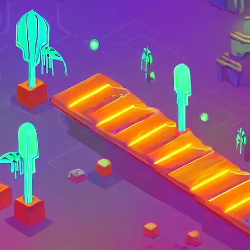 Prompt: mobile game asset, isometric staircase, crystals, organic isometric design, bioluminescent alien - like plants inspired by the pandora aesthetic avatar's alien nature. we can see alien plants glowing in the dark arround the isometric itens in dark place cyan, orange smooth glow night photoshop filter low poly behance hd