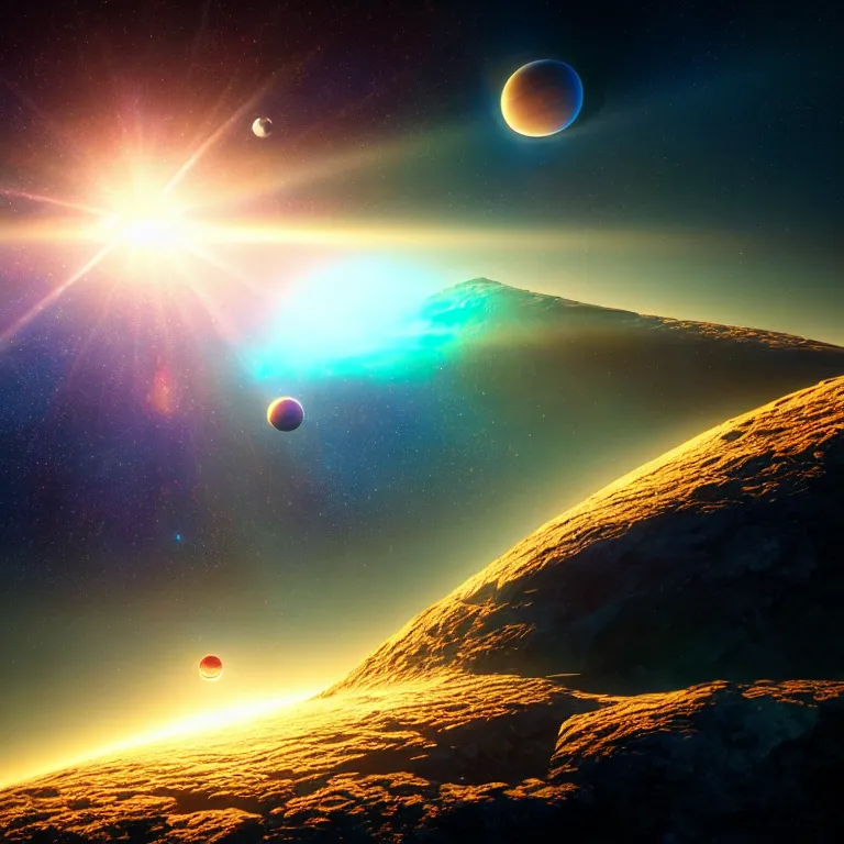 Prompt: dream-like exoplanet surface covered with glossy shiny iredescent crystals, lens flare, beautiful vibrant colors, baroque painting, beautiful detailed intricate insanely detailed octane render trending on Artstation, 8K artistic photography, photorealistic, volumetric cinematic light, chiaroscuro, Caravaggio, Greg Rutkowski, Thomas Kinkade