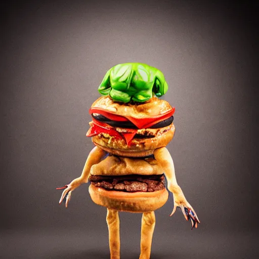 Image similar to a humanoid bipedal upright zombie that strongly resembles a hamburger, professional food photography