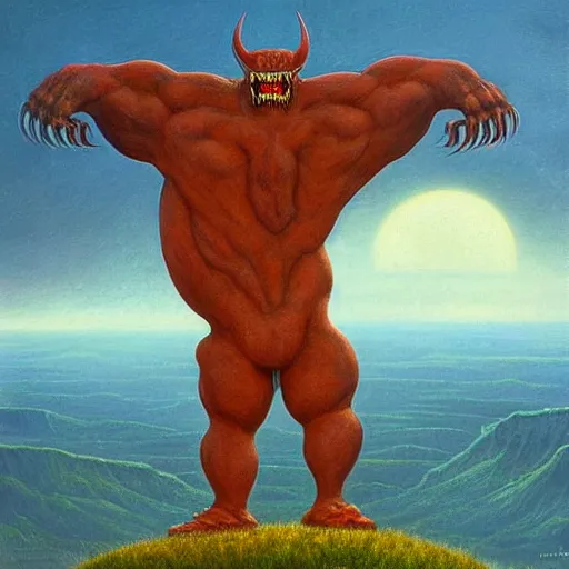 Image similar to composed, offhand by jacek yerka, by jeffrey t. larson. land art. a large, muscular demon - like creature with wings, standing in a dark, hellish landscape. the creature has red eyes & sharp teeth, & is holding a large sword in one hand.