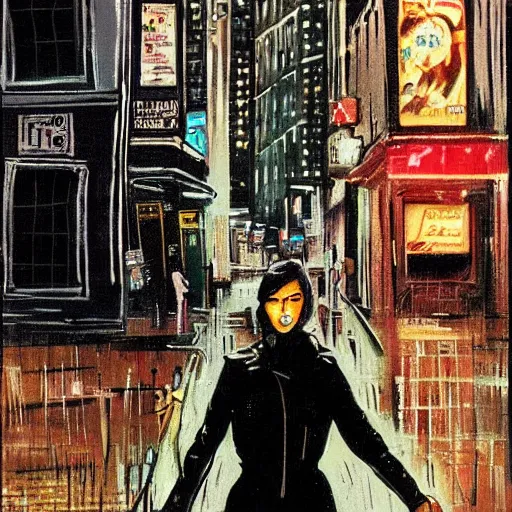 Prompt: girl in leather jacket walking down rainy city street at night, surreal, artwork by Ralph Bakshi