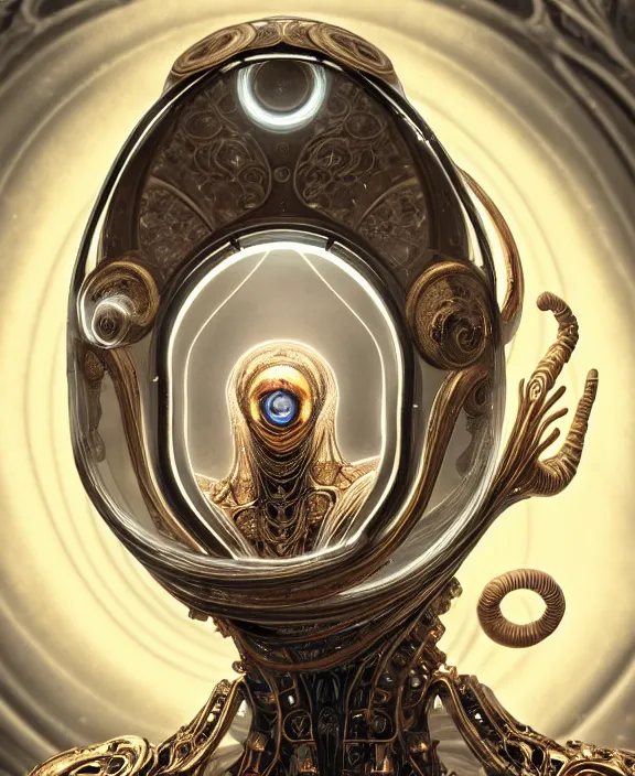 Image similar to intricate ornate opulent transparent clear see - through portrait of a cybernetic beautiful alien nautilus, mottled coloring, adorable, childlike, pastoral environment, ultra realistic, concept art, art nouveau, photorealistic, octane render, 8 k, unreal engine. art by christopher marley and artgerm and greg rutkowski and alphonse mucha