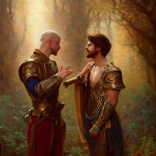 Image similar to attractive fully clothed king confesses his love for his attractive fully clothed male prince. highly detailed painting by gaston bussiere, tom bagshaw 8 k