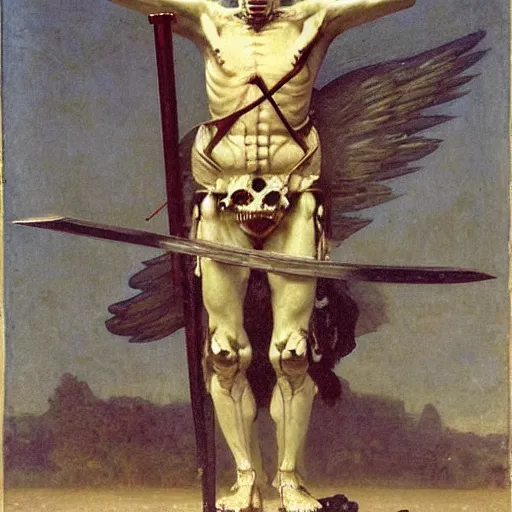 Prompt: portrait of a fully armed skeleton archer with big sword, wearing helmets and armor with wings, symmetrical, solemn, sacred, aura, by bouguereau h 7 6 8