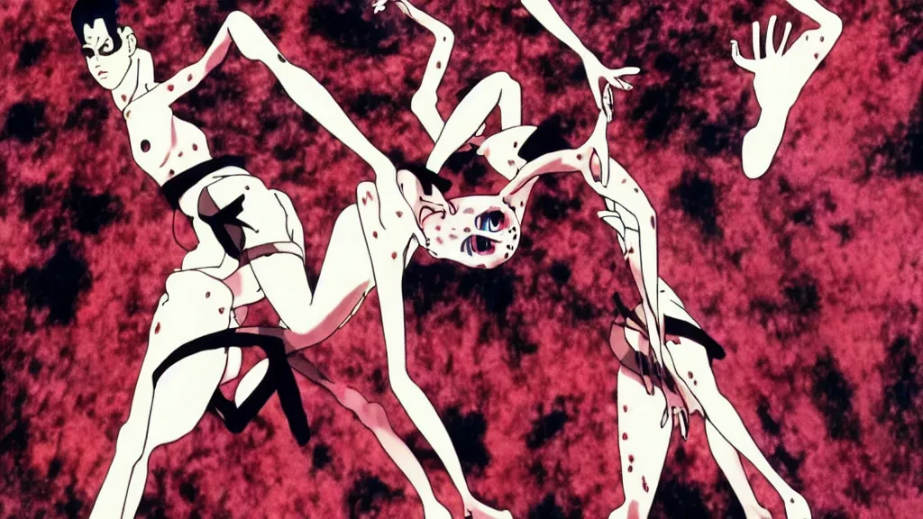 Image similar to french voguing dance horror movie, anime film still from the an anime directed by katsuhiro otomo with art direction by salvador dali, wide lens