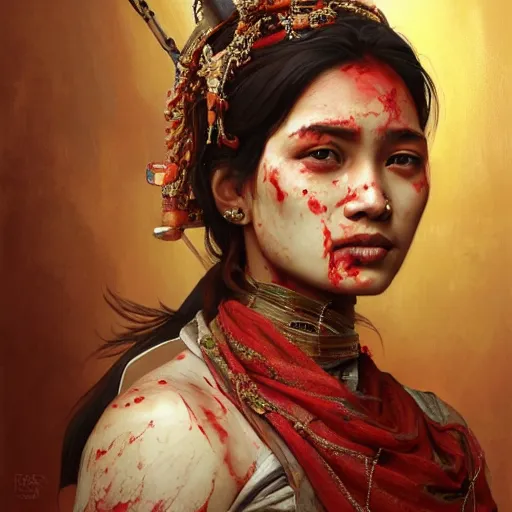 Image similar to portrait painting of a bloodied nepali female butcher wearing sari, ultra realistic, concept art, intricate details, eerie, highly detailed, photorealistic, octane render, 8 k, unreal engine. art by artgerm and greg rutkowski and alphonse mucha