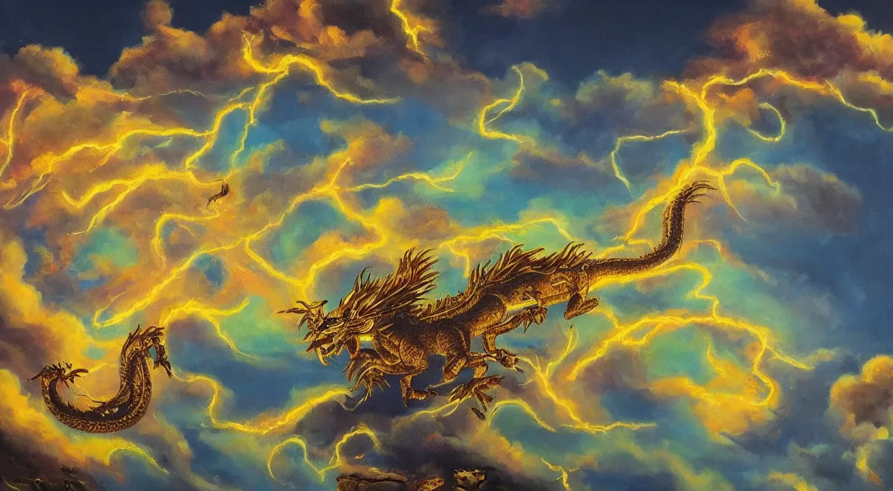 Prompt: beautiful oil painting of golden eastern dragon in sky, green lightning, night clouds, above forest