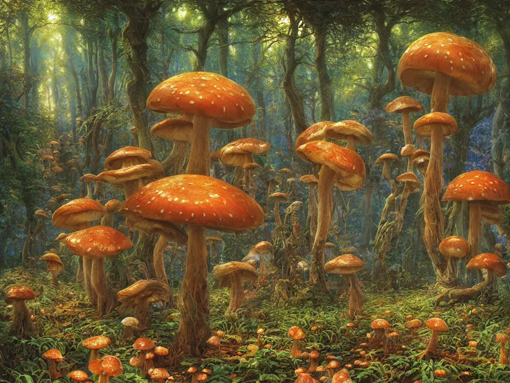 Prompt: fantastic mushrooms in the magic forest, by bruce pennington, donato giancola, esao andrews, thomas kinkade, high light, glow, high detailed, 4 k resolution