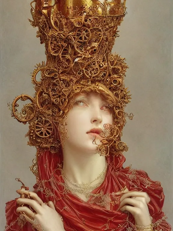 Image similar to a beautiful render of a baroque catholic veiled red queen with symmetry intricate detailed heart sculpture,by Lawrence Alma-Tadema, peter gric,aaron horkey,Billelis,trending on pinterest,hyperreal,jewelry,gold,intricate,maximalist,glittering,golden ratio,cinematic lighting