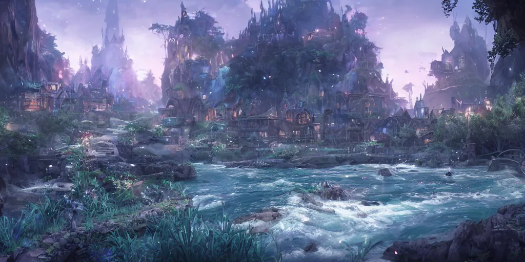 Prompt: beautiful and immersive magical town, magical buildings, bioluminescent forest surrounding, gentle rivers flowing through town, award - winning digital art on pixiv, trending on artstation - cinematic lighting, dramatic lighting, stunning and beautiful view - unbelievably amazing - highly detailed, hyperrealistic, unreal engine 5, in the style of kingdom hearts and final fantasy