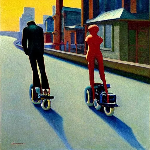 Image similar to spiders on rollerblades, grant wood, pj crook, edward hopper, oil on canvas