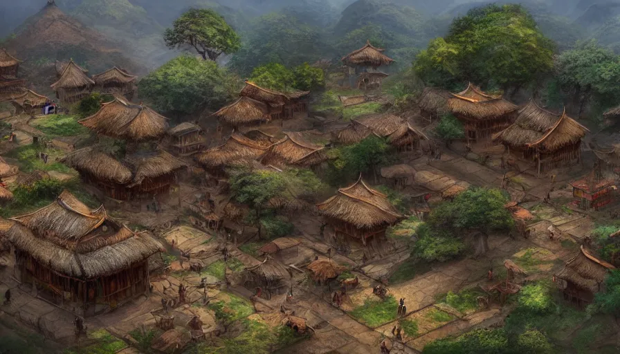 Prompt: matte painting of a beautiful tai village, digital art, trending on artstation