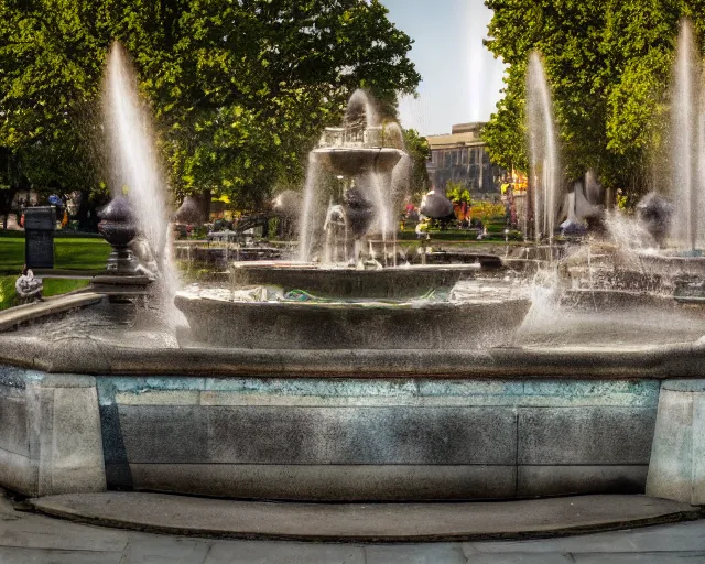 Image similar to a photorealistic photo of a fountain in a park