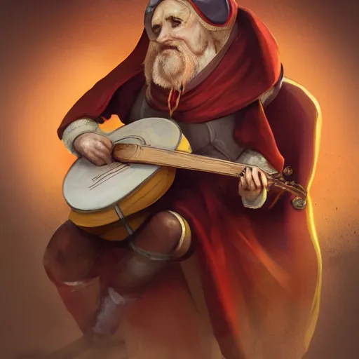 Image similar to anthropomorphic nymphicus hollandicus bard, yellow robe, playing a mandolin, digital art, d & d, character art, trending on artstation