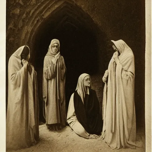 Image similar to 1 9 th century photo of 3 mary's at the tomb of jesus, by julia margaret cameron, beautiful composition