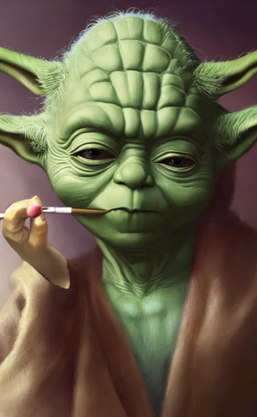 Image similar to beautiful detailed photorealistic painting of yoda putting on makeup. having a makeover. putting on lipstick. beauty. makeover. hq, hd. detailed. trending on artstation