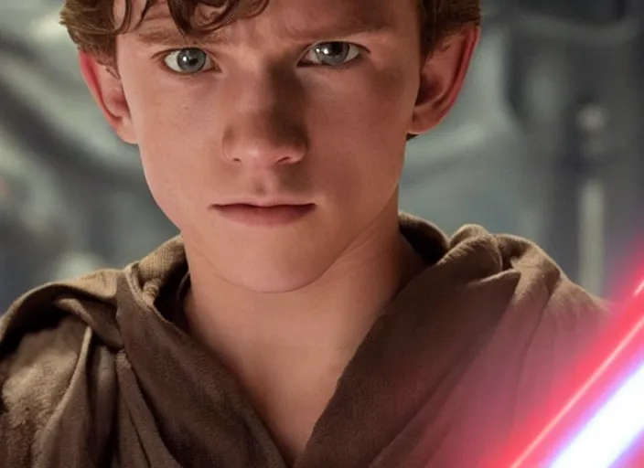 Prompt: tom holland plays anakin skywalker in the live action remake of star wars revenge of the sith, 3 5 mm photography, highly detailed, cinematic lighting, standing pose, holding lightsaber 4 k
