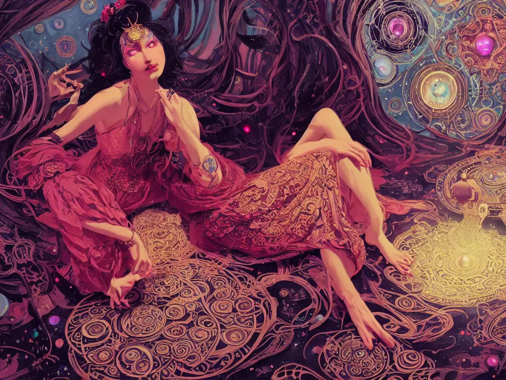 Prompt: high angle picture of a maximalist dress witch sitting on the floor and researching about the azathoth, extremely beautiful and aesthetic and detailed cute face, very huge magic circles on the hand, with familiar sprites, in the magic room, chiaroscuro, intricate, masterpiece, fantasy illustrations by ilya kuvshinov and jeremy lipking and quentin mabille