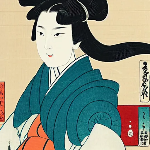 Prompt: beautiful portrait ukiyo - e painting of hatsune miku, by kano hideyori, kano tan'yu, kaigetsudo ando, miyagawa choshun, okumura masanobu, kitagawa utamaro