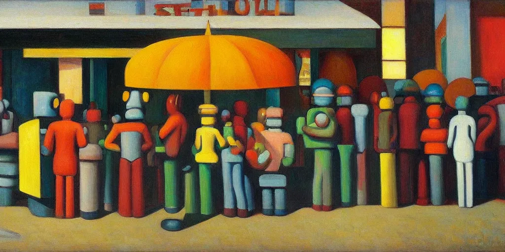 Image similar to robots queue up for ice cream, grant wood, pj crook, edward hopper, oil on canvas