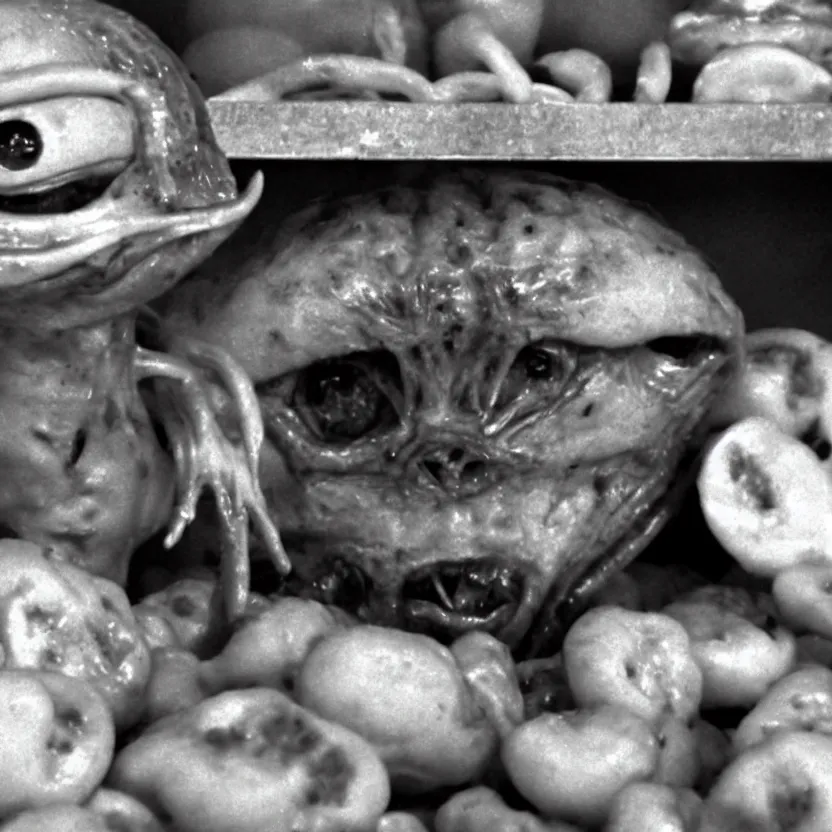 Prompt: i caught this alien trying to eat my gnocchis!, cctv camera footage, 2 0 1 4