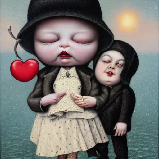 Image similar to there's an infant clinging to his overweight mother in the cold as they go to shop for cigarettes, lowbrow painting by mark ryden