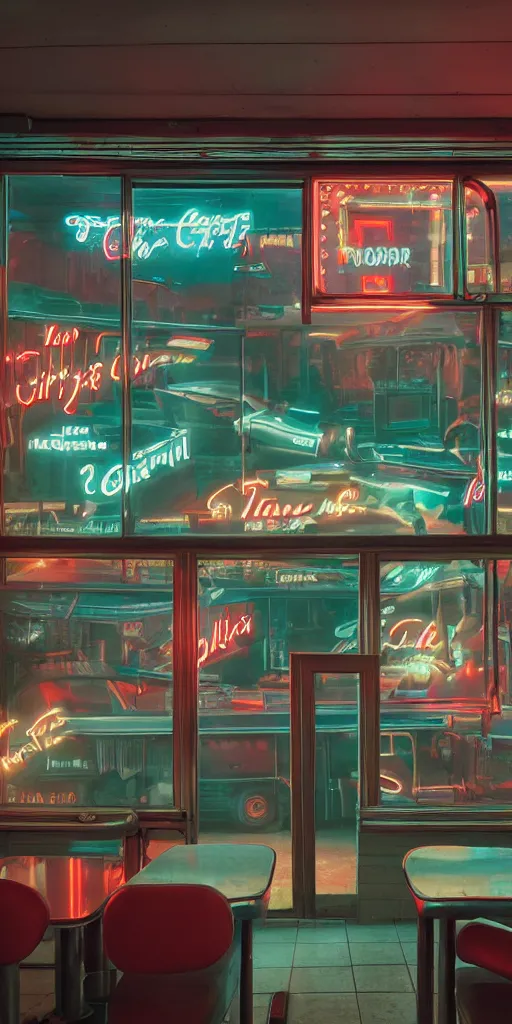 Image similar to vertical movie frame 6 0's retro diner interior, neon - decorated urban on night in the city seen through the window, modern interior design, architectural design, vintage, night blade runner, dark, postapocalyptic, clean lines, 4 k, octane, miyazaki film, lunarcore city seen at distance outside, big windows, octane, wide angle