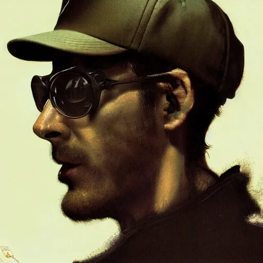 Prompt: a close - up side profile portrait of a silhouette of a science - fiction young alien man wearing a baseball hat, glasses, scruffy facial hair. glowing fog and bird in the background. renaissance portrait painting. highly detailed science fiction painting by norman rockwell, frank frazetta, and syd mead. rich colors, high contrast, gloomy atmosphere, dark background. trending on artstation