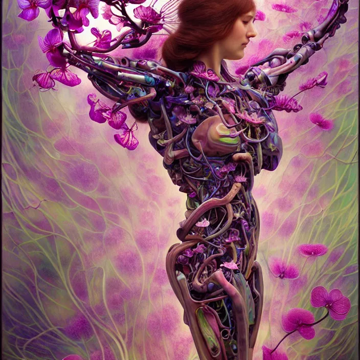 Image similar to extremely psychedelic organic cyborg made of orchid and cherry blossom tree and mushroom, diffuse lighting, fantasy, intricate, elegant, highly detailed, lifelike, photorealistic, digital painting, artstation, illustration, concept art, smooth, sharp focus, art by John Collier and Albert Aublet and Krenz Cushart and Artem Demura and Alphonse Mucha