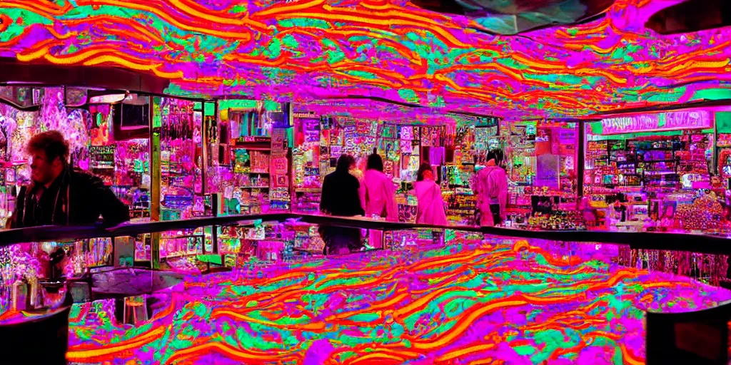 Prompt: fluorescent crowded Macy’s jewelry counter, dead-eyed sales clerk staring at you in a dream, deja vu, psychedelic, muted tones, DMT, eerie, uncanny, hazy, cinematic, realism, directed by stanley kubrick