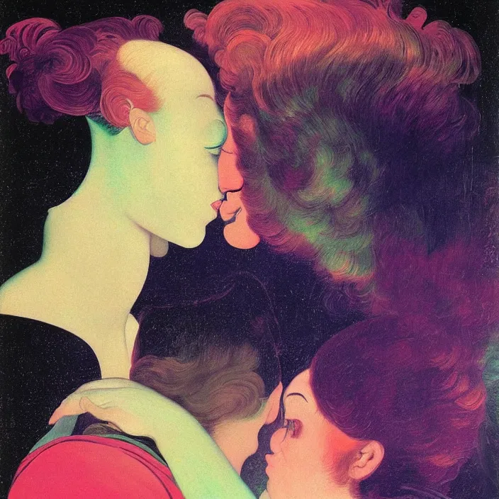 Prompt: close portrait of woman and man kissing. aurora borealis. iridescent, vivid psychedelic colors. painting by caravaggio, agnes pelton, utamaro, monet