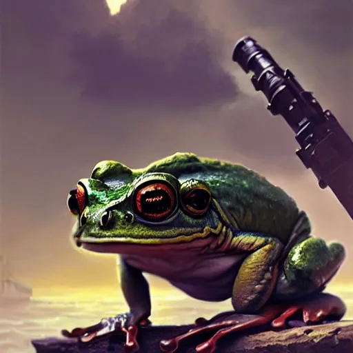 Prompt: giant frog with a canon on his back, by greg rutkowski, 8k high quality, hd, matte painting