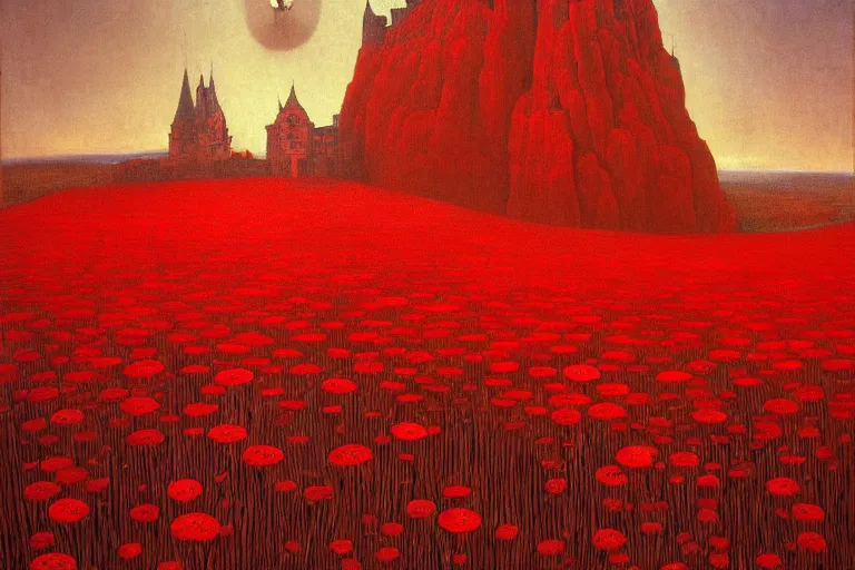 Image similar to only with red, red flowers of different types, a red tiger, a castle in the background, medieval demons dance over the flowers, an ancient path, in the style of beksinski, part by hopper, part by rodcenko, part by hofbauer, intricate composition, red by caravaggio, insanely quality, highly detailed, masterpiece, red light, artstation