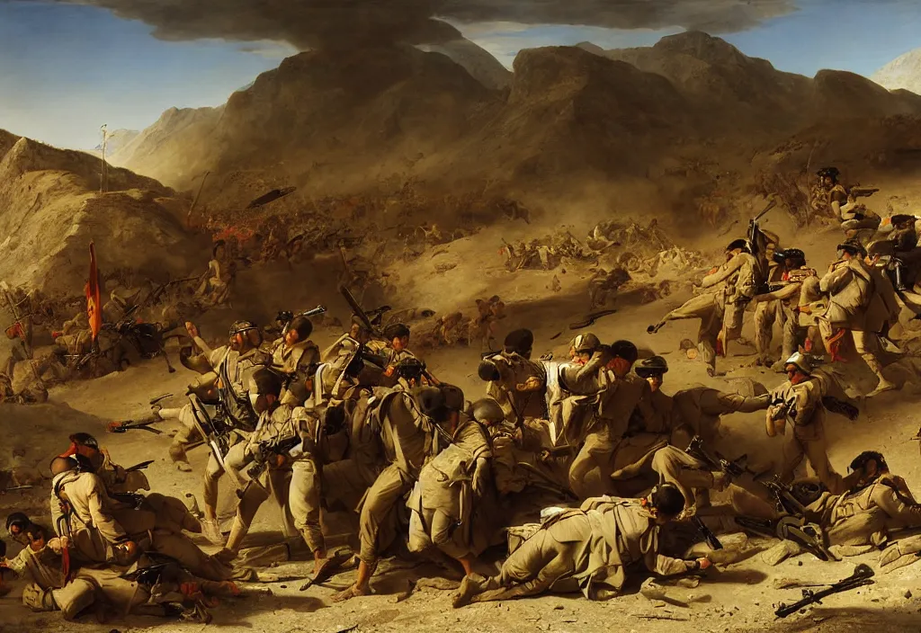 Prompt: afghanistan war by jacques - louis david, desert, us army, battlefield, helicopters firing, bombs