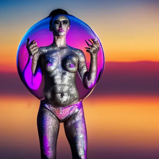 Image similar to portrait photo, a woman covered in intricate silver body paint and a purple florescent bikini inside a giant iridescent bubble floating above beautiful colorful pink sunset clouds