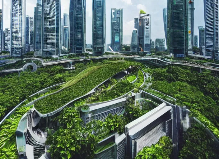 Prompt: utopian design, biophilic architecture, urban green, futurist, the jewel singapore